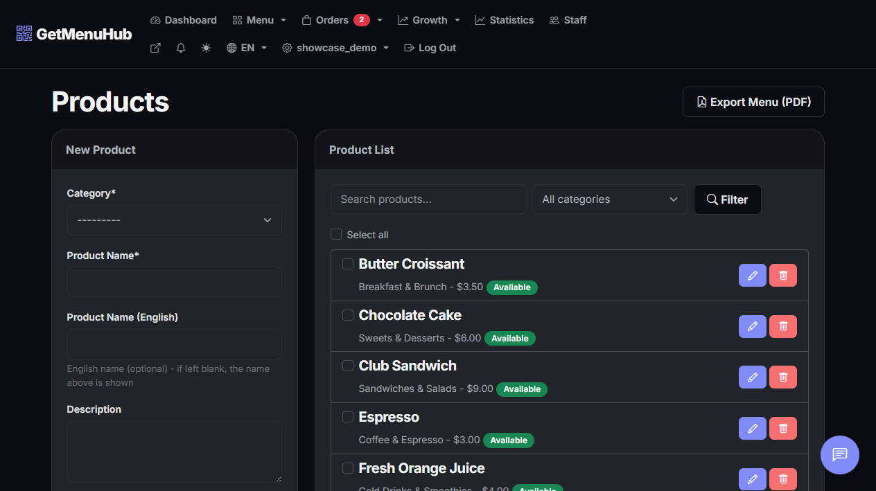 Products page